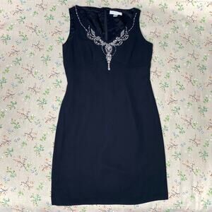 VTG 90s Y2K Black Beaded Evening Dress Knee Length V-Neck Size 10 Femme Formal